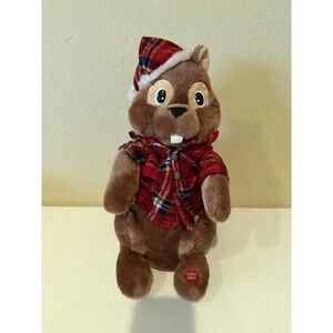 Christmas Singing Beaver Plush 16" Animatronic Plaid Shirt Hat Works
